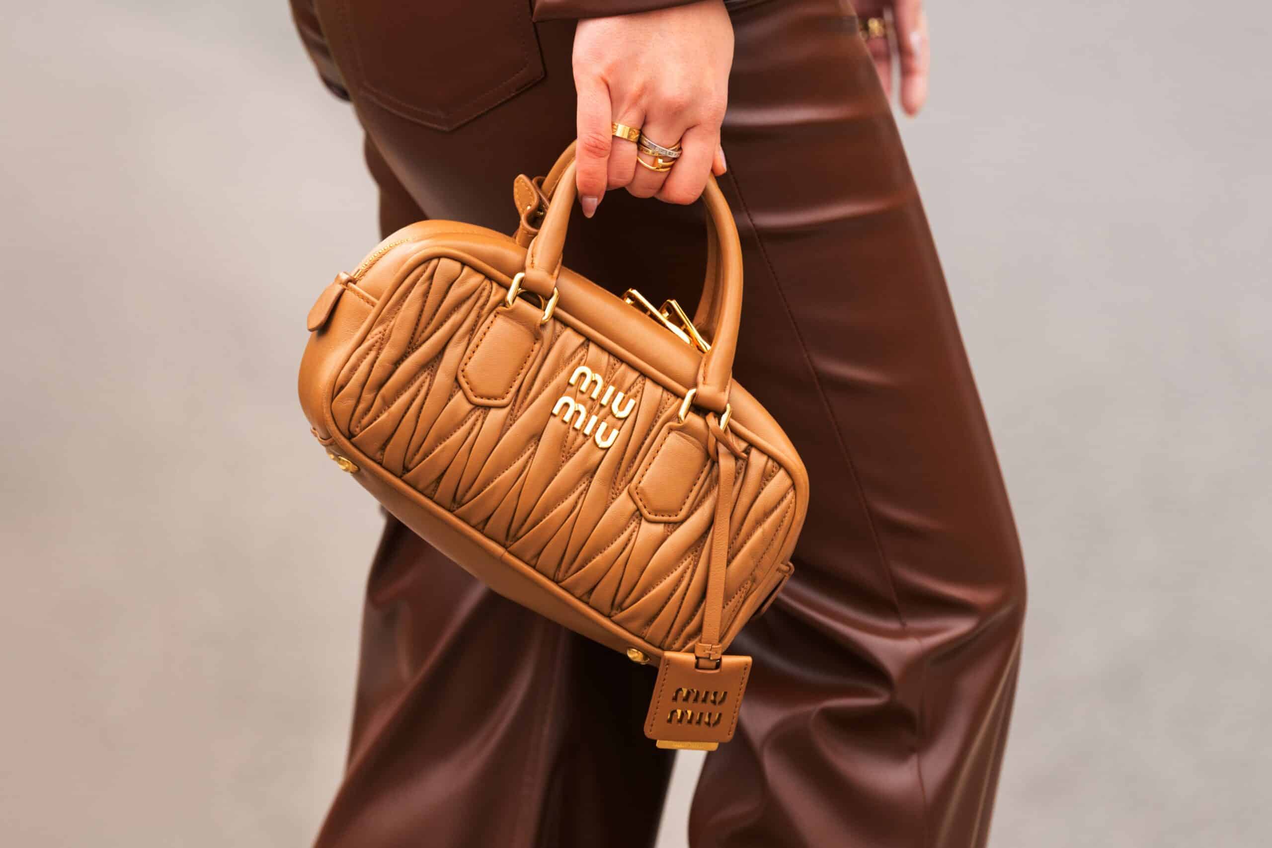 Paris,,france, ,march,11,,2025:,tan,miu,miu,handbag
