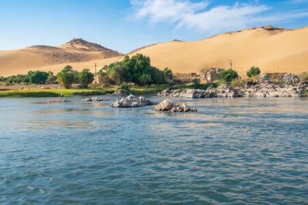 A,picturesque,view,of,the,nile,river,flowing,past,sand