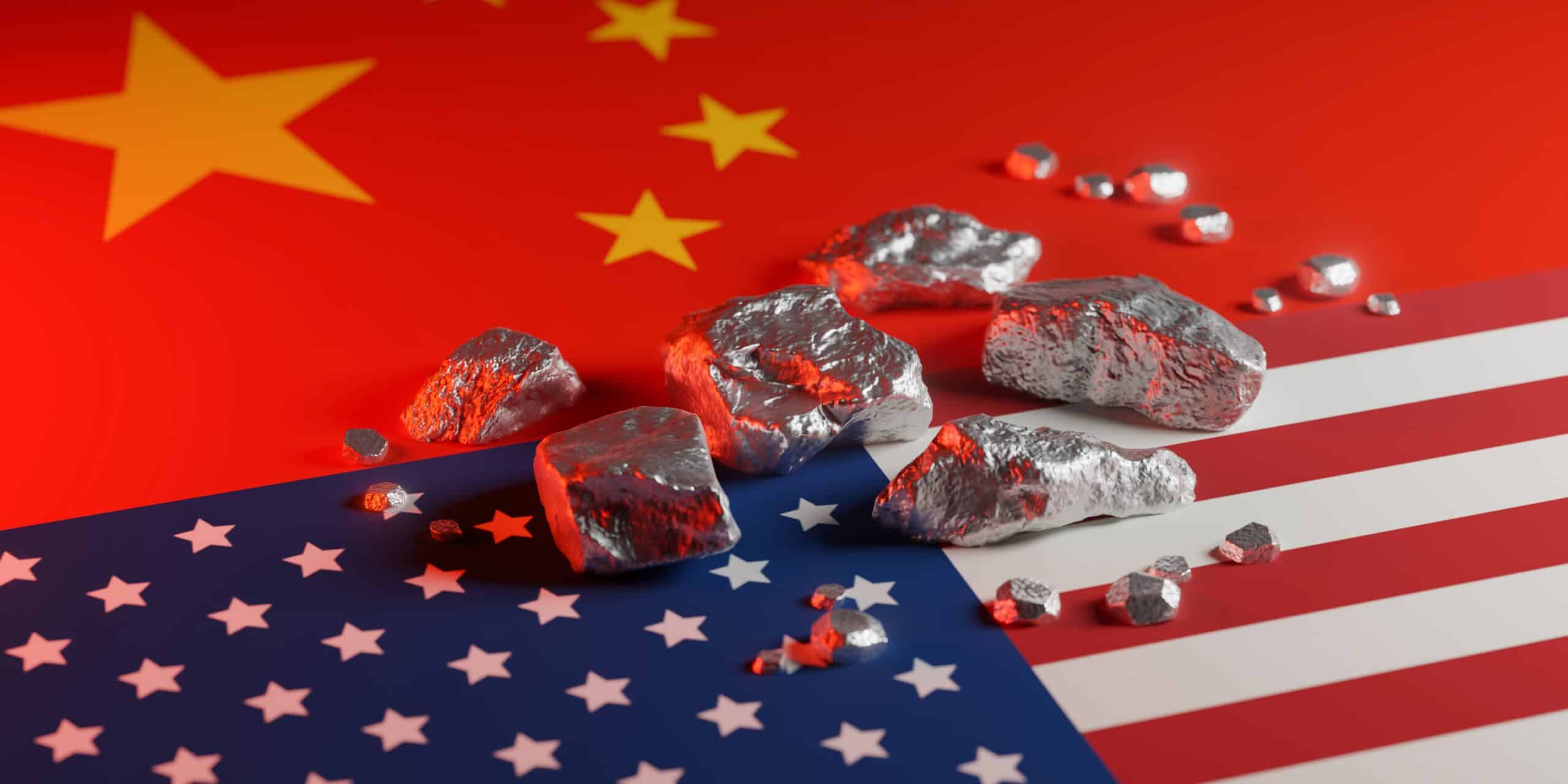 Rare,earth,metallic,nuggets,on,split,china,usa,flags.,symbolizes
